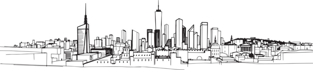 City landscape. Line urban backdrop. Skyline with clouds, different buildings on street, doodle street draw, outline cityscape hand sketch, flat houses. Hand drawn vector illustration
