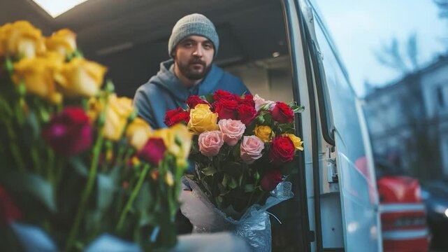 Man arranging flowers in delivery van