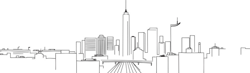 Obraz premium City landscape. Line urban backdrop. Skyline with clouds, different buildings on street, doodle street draw, outline cityscape hand sketch, flat houses. Hand drawn vector illustration