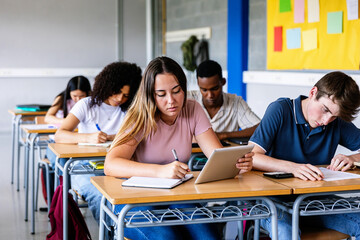 Young group of students studying at high school. Education lifestyle concept