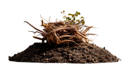 Life's Foundation: A close-up of roots with soil, symbolizing growth and the essential link between earth and life.