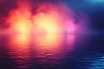 Vibrant sunset colors paint the sky over a tranquil ocean, casting a warm glow on the water. Silhouettes of palm trees frame the horizon.