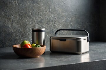 Reusable stainless steel lunchbox and fresh fruits on stone countertop