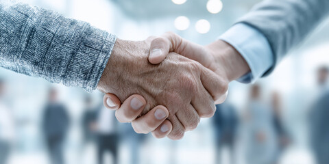 Close-up of two hands shaking, signifying agreement, partnership, and collaboration in a business setting.  Shows trust and deal completion.