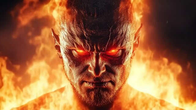 Fierce creature with burning eyes emerges from flames, showcasing intense emotion and demonic presence with striking visual intensity