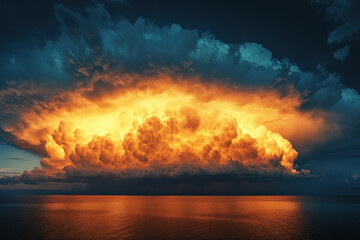 Large cloud looming over ocean at sunset, casting a pink and orange reflection on calm waters below.