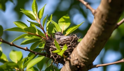 Small Bird Nesting in Tree Branch with Green Leaves on Sunny Day