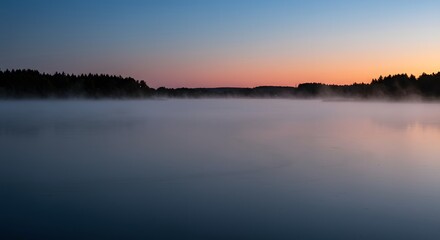 Fototapeta premium Lake Landscape with Morning Mist at Sunrise Peaceful Nature Scene