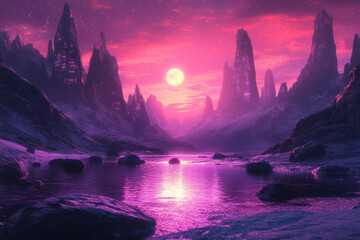 Purple sunset over mountain lake, silhouettes of trees reflect on calm waters, creating a serene and captivating natural scene.