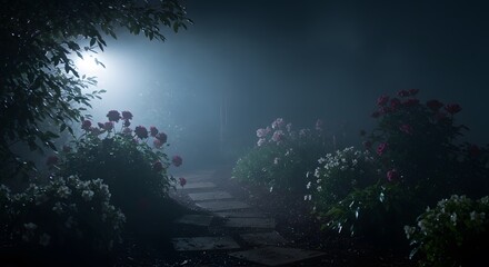 Walking Path Through Rose Garden at Night in Fog