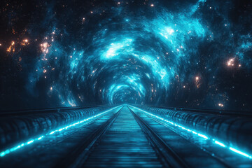 A train track passing through a dark tunnel, illuminated by the light at the end.