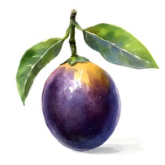 Watercolor illustration of a passion fruit with leaves.