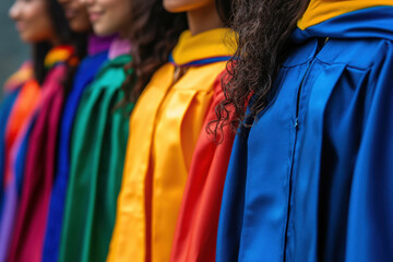 Graduates in colorful robes celebrating joyfully at graduation ceremony, tossing caps in the air, smiling widely, and holding diplomas.