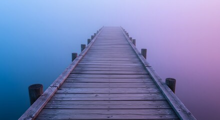 Fototapeta premium Walking Wooden Pier into Foggy Water with Colorful Hues
