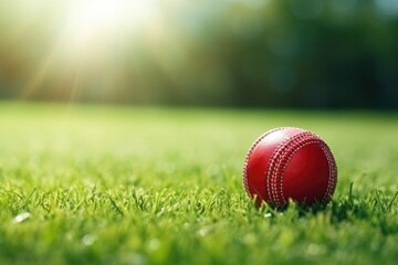 A red cricket ball rests on a lush green field, bathed in sunlight.