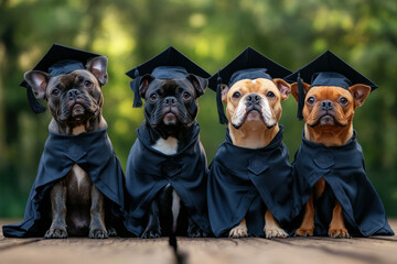 dogs in graduation caps and gowns posing happily for a photo. ????