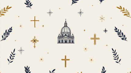 religious icon pattern, contemporary religious-themed seamless design with minimalist line art icons of catholic basilica, papal mitres, and crosses on cream background