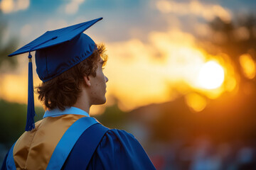 Graduate gazes at sunset, cap and gown silhouetted against golden sky. Warm light bathes the horizon, celebrating a new chapter.