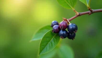 Cluster of dark berries hanging from a branch with vibrant green leaves, set against a soft, blurred green background
