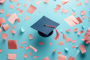 Graduation cap among colorful confetti.