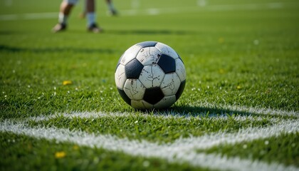 Close-up of a soccer ball on a green field with white boundary lines, ready for kickoff in a competitive matcan-standard-