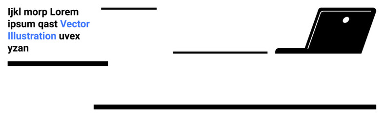 Black laptop silhouette with horizontal lines and placeholder text. Ideal for technology, communication, design, business, education, marketing, simple landing page