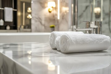 Luxury bathroom with neatly rolled white towels on a marble countertop.