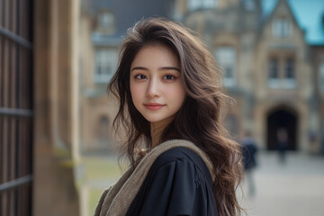 Woman with long hair standing in front of a building, gazing at the skyline with a look of awe.