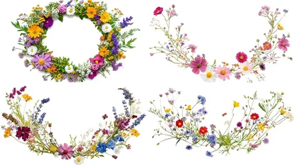 Four floral arrangements wreath, half-wreaths, wildflowers.
