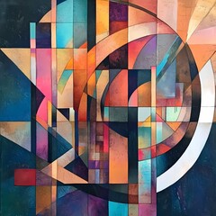 Fototapeta premium Abstract geometric art; vibrant colors, curved shapes; modern design; wall art