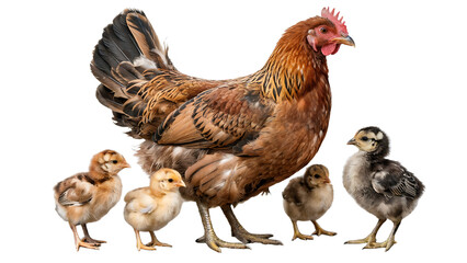 Brown Hen with Four Chicks Isolated on Transparent Background
