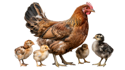 Brown Hen with Four Chicks Isolated on Transparent Background