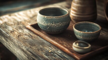 Ceramic bowls on tray still life