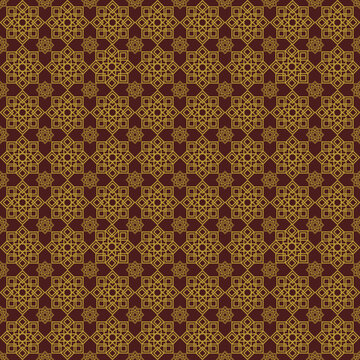 Seamless Islamic geometric pattern vector with traditional Arabic design. Featuring interlocking yellow lines and symmetrical structure. Ideal for backgrounds, wallpapers, textile prints, tiles,