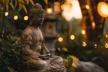 Fototapeta premium Ancient statue great Buddha on bright holiday composition, abstract vivid composition consists of fictional unreal fantastic vision on background