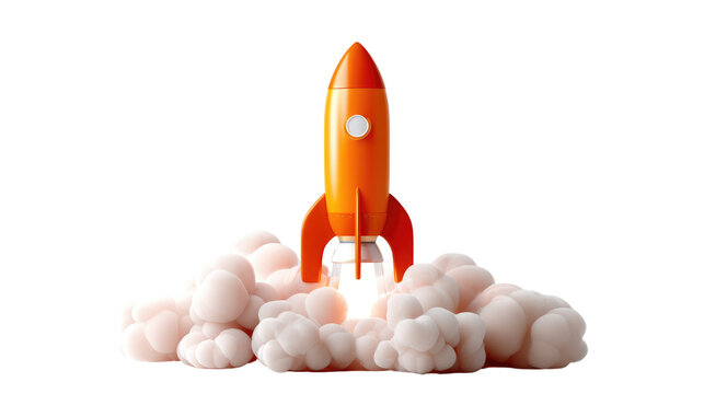 Rocket Launch: A vibrant orange rocket soars skyward amidst billowing clouds of smoke, symbolizing innovation, progress, and the boundless potential of the future.