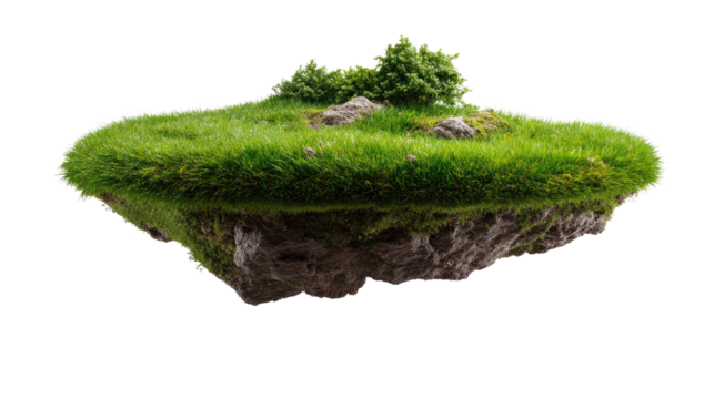 Floating Grass Island: A surreal floating island, draped in lush green grass and dotted with small rocks, seems to defy gravity in this fantastical nature scene.