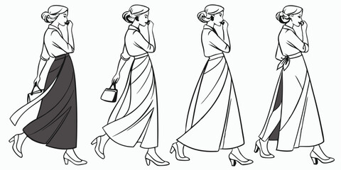 Vector of Slit Skirt Silhouette – Women’s Fashion Skirt Styles, Midi and Long Skirts, Casual and Elegant Outfits, Female Dress Shapes, Minimalist Line Art