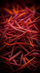Fototapeta premium Saffron Threads' Crimson Elegance: A close-up shot reveals a luxurious pile of vibrant saffron threads, the essence of gourmet culinary art. Capturing the rich color, delicate texture.