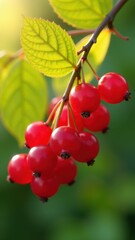 Cluster of vibrant red currants hanging from a branch with green leaves against a softly blurred background