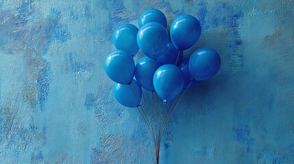 Bundle of blue balloons against a textured blue background, showcasing a celebratory or festive concept, ideal for invitations or announcements, free space for text