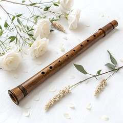 Fototapeta premium Isolated on white, a wooden flute, a musical wind instrument, rests against a backdrop that transitions from natural wood to vibrant green, suggesting traditional sound