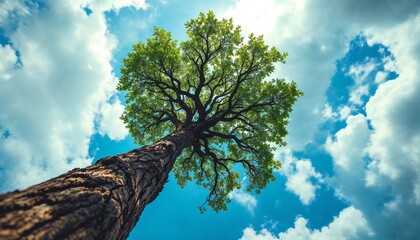 Fototapeta premium Magnificent Canopy: A towering tree reaches towards a sky dotted with fluffy clouds, embodying the serenity of nature. The vibrant foliage contrasts beautifully against the boundless blue.
