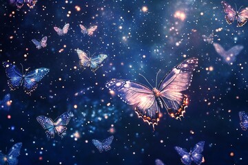Butterflies illuminate a starry night sky in a mesmerizing display of nature's beauty and magic
