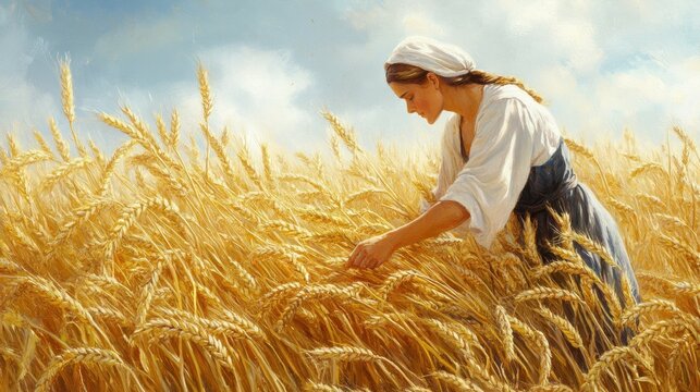 Ruth gleaning wheat in Boaz&acirc;&euro;&trade;s field, with the golden harvest surrounding her.