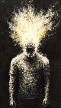 Figure screaming, head exploding with light, dark background