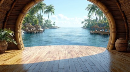Obraz premium Tropical island view from a wooden arch
