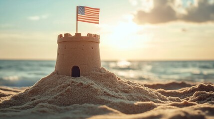 Sandcastle on the Beach at Sunset with American Flag
