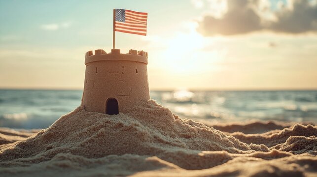 Sandcastle on the Beach at Sunset with American Flag