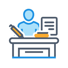 Simple illustration of person at desk with work items